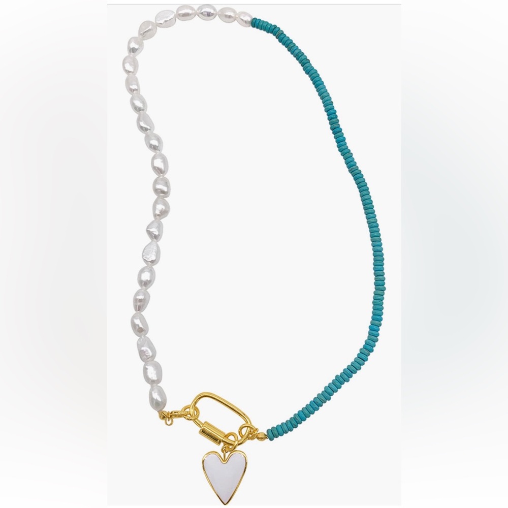 New 50/50 Freshwater Pearl and Turquoise Bead Gold Heart Necklace